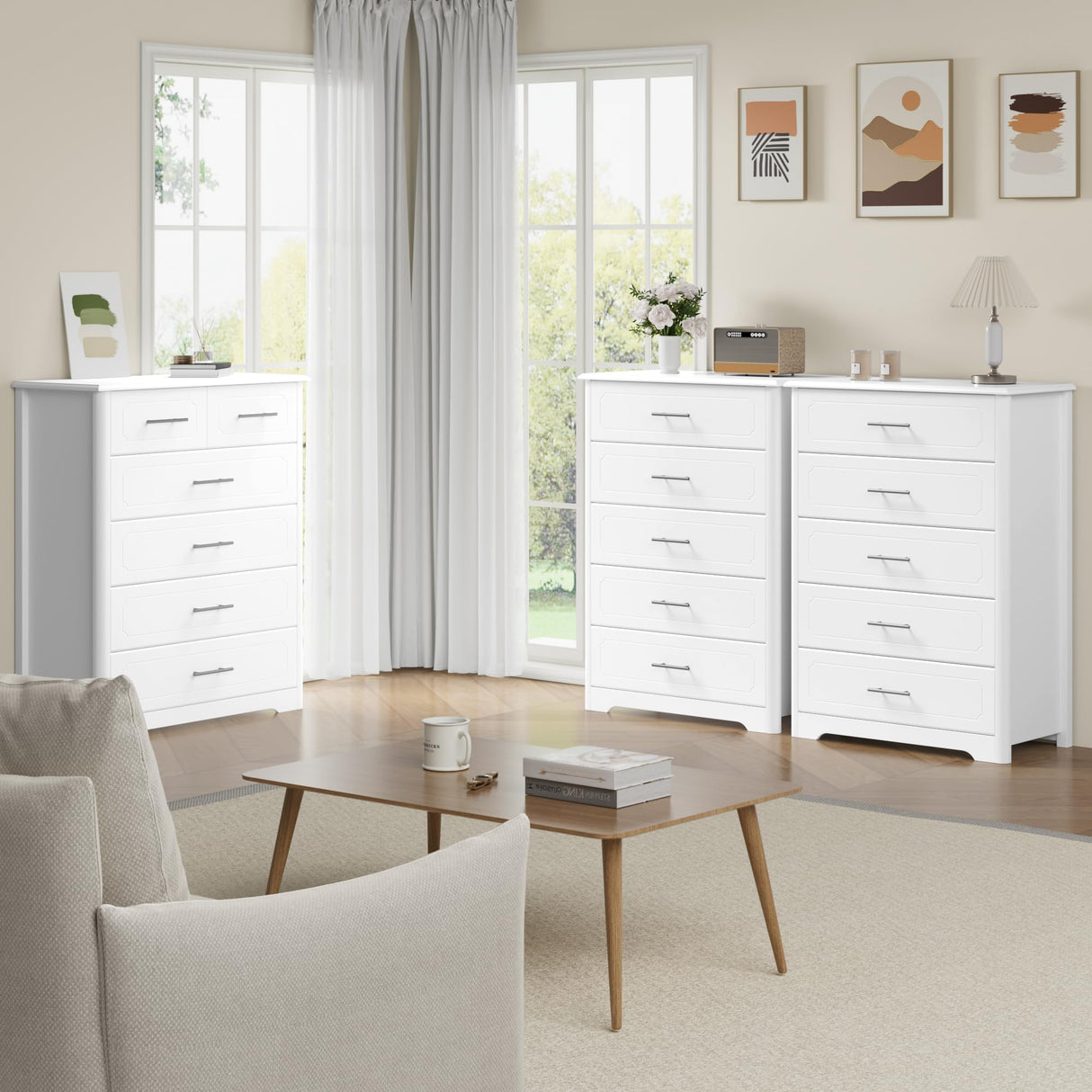 5 Drawer Dresser, Tall White Dresser Chest of Drawers, Modern Storage Cabinet