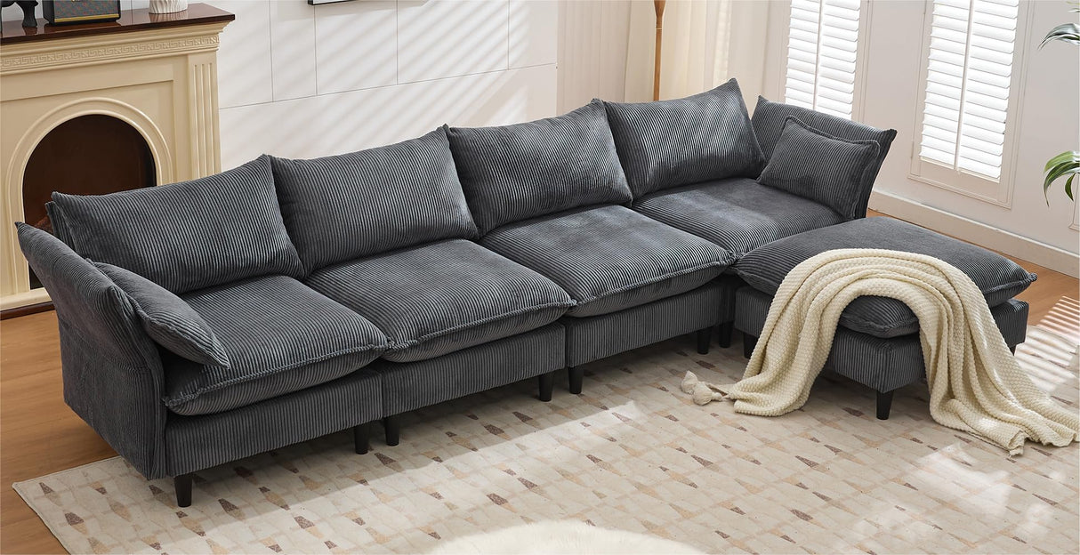 L Shaped Sectional Couch with Removable Ottoman, 5 Seater Modular Sofa