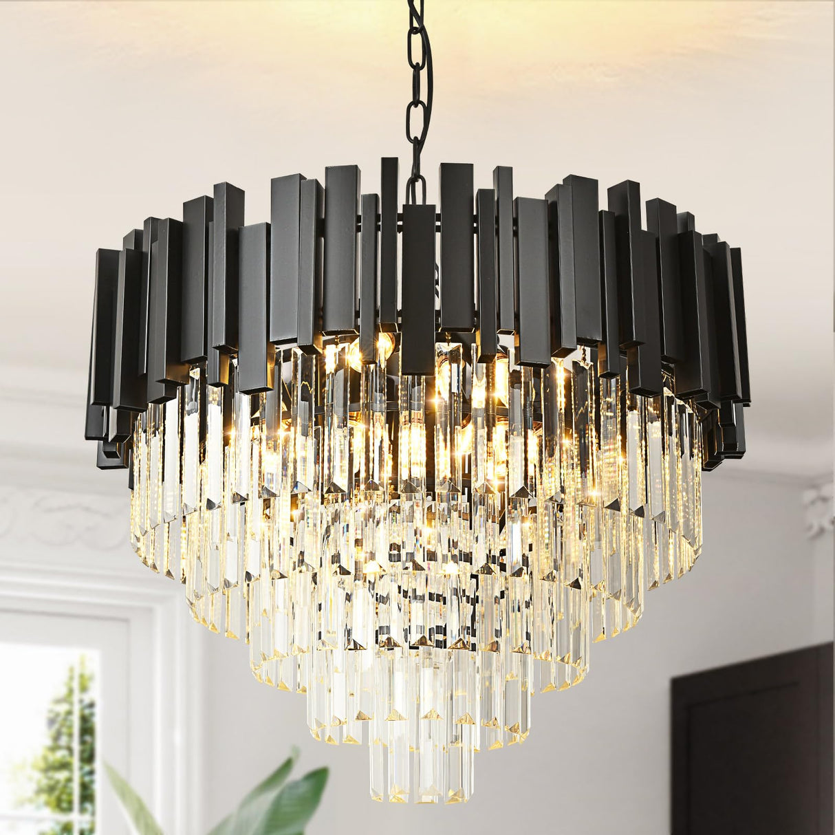 Crystal Chandelier Black Pendant Light Fixtures, Round Crystal Pendant Lighting for Living