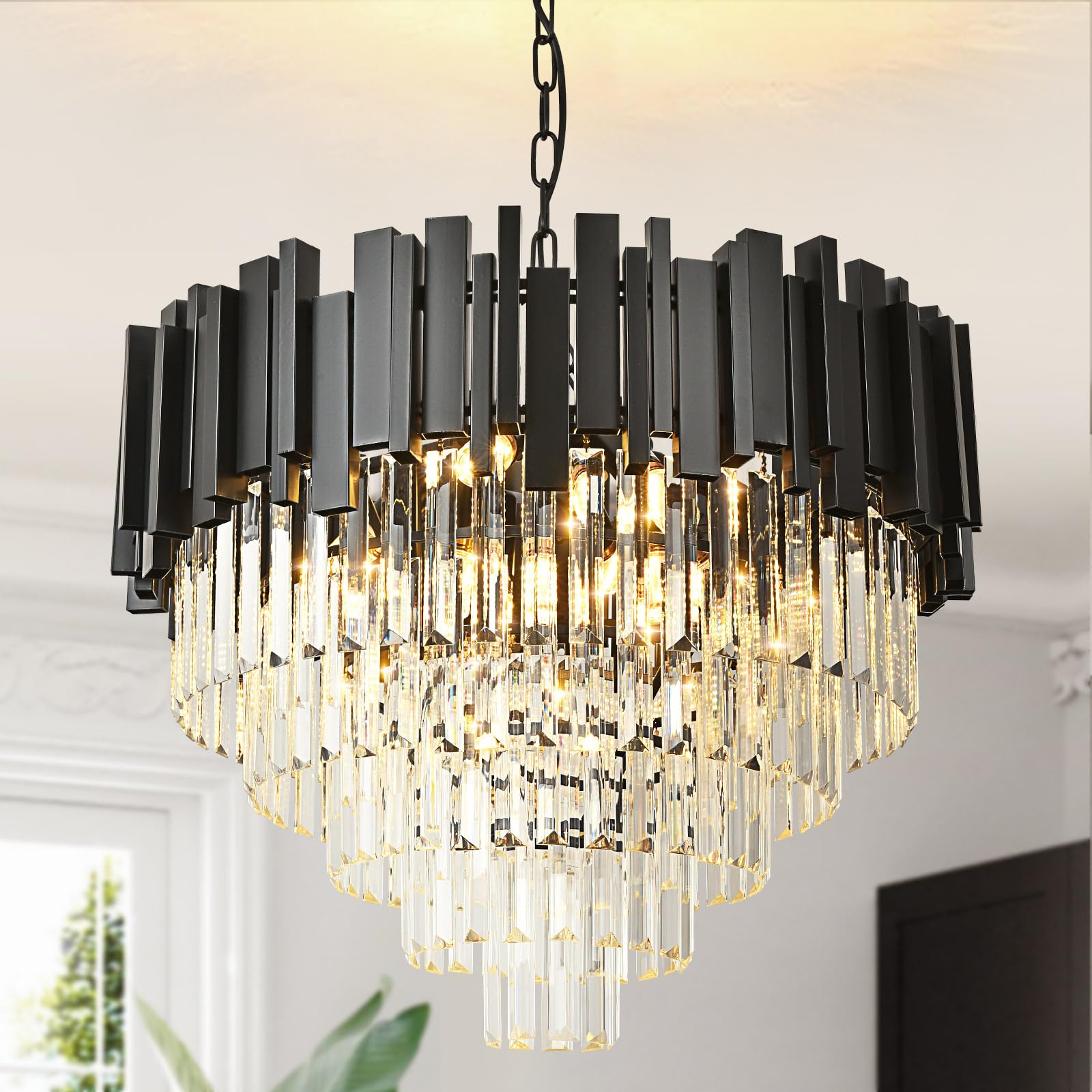 Crystal Chandelier Black Pendant Light Fixtures, Round Crystal Pendant Lighting for Living