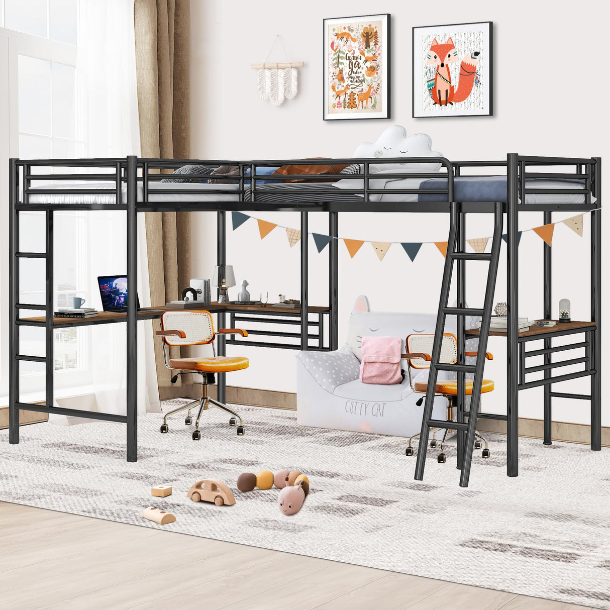 Twin Size L-Shaped Loft Bed with 2 Built-in Desks
