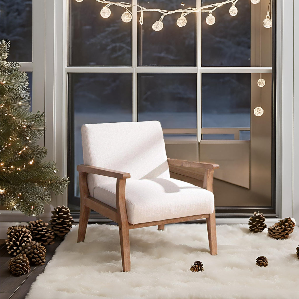 Beige Accent Chair Mid Century Modern Armchair Wood Sitting Chair Linen Fabric