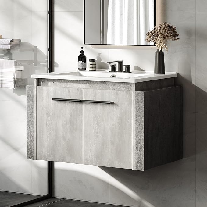 Floating Vanity Bathroom with Sink Combo, Grey Wall Mounted Modern Vanity, Bathroom Cabinet Vanity