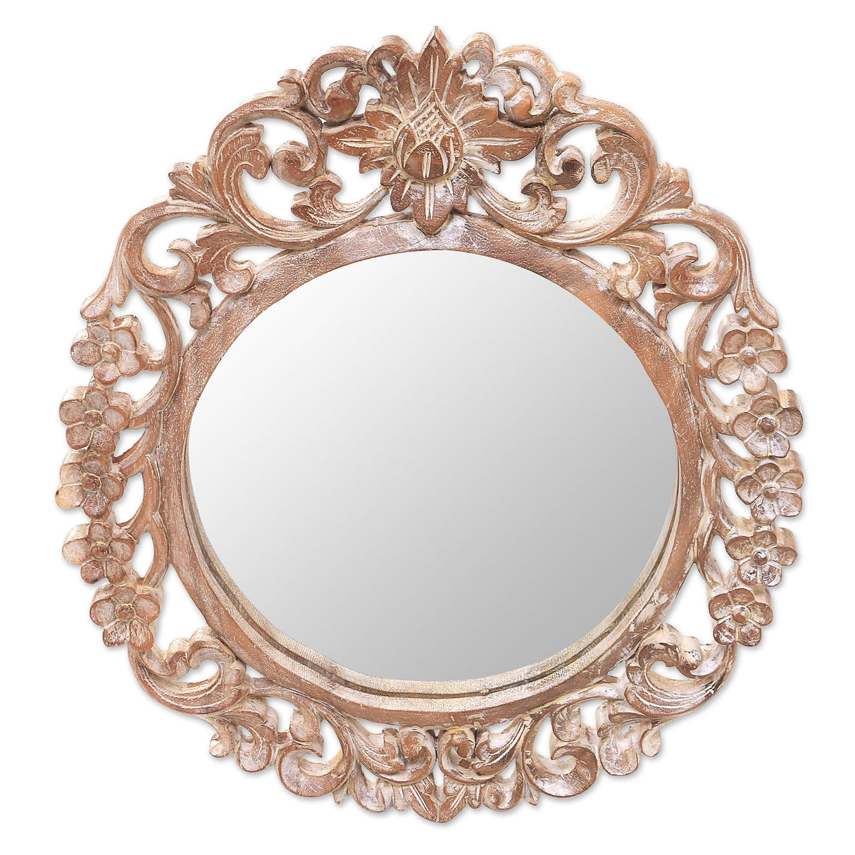 Hand Carved Natural Suar Wood Floral Round Wall Mirror from Indonesia, Brown