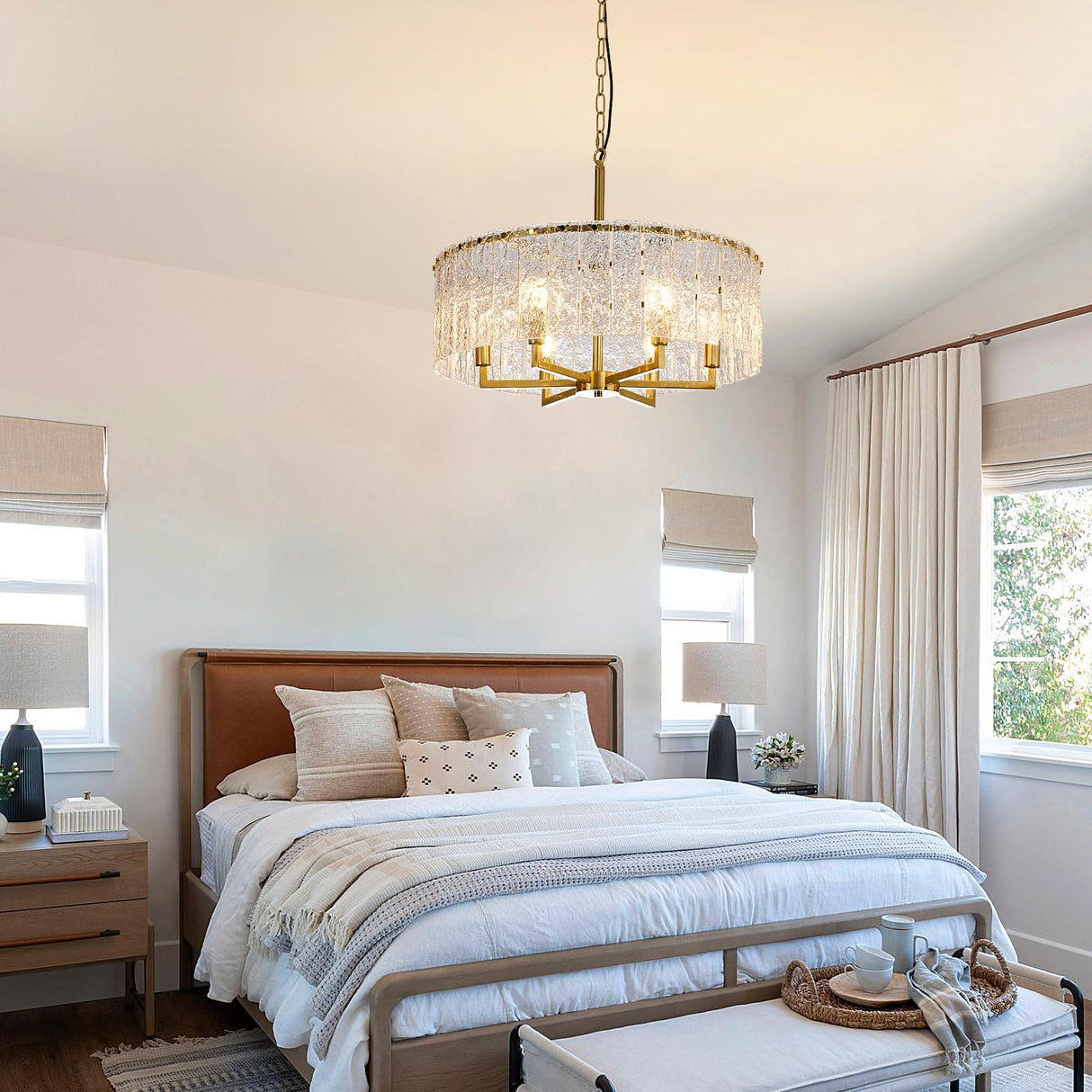 SHBEILOU Modern Chandelier,Luxury Large Chandeliers for Dining Room 23.62”Gold Crystal Chandeliers Handmade Water Ripple Glass Hanging Flush Mount Chandelier for Bedroom,Living Rooms,Entryways,Foyers