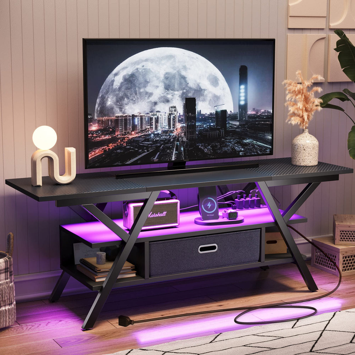 LED Entertainment Center with Power Outlets Gaming TV Stand for TV up to 65 Inch 55”