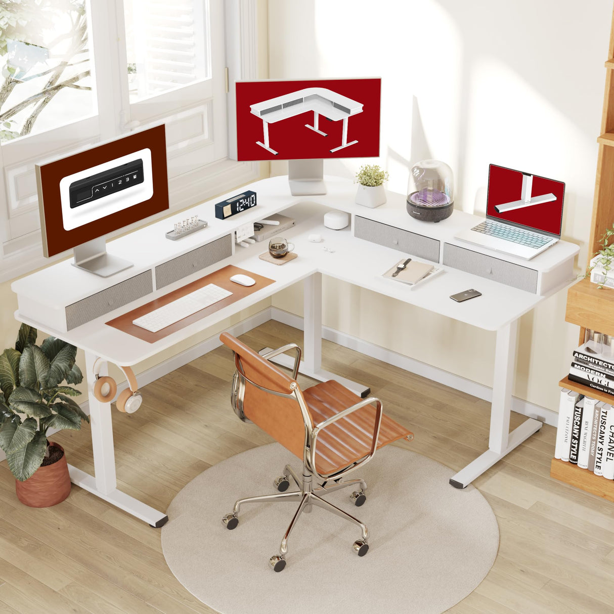 63" L Shaped Standing Desk with 3 Drawers, Height Adjustable Stand up Desk