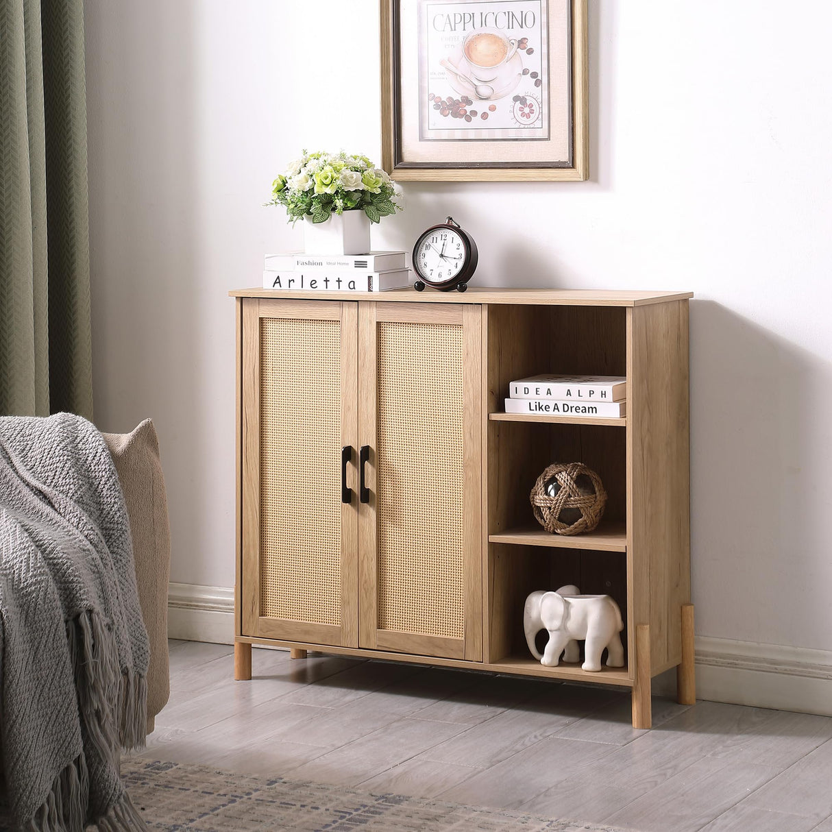 Storage Cabinet, Bathroom Cabinet with Rattan Doors, Bathroom Floor Cabinet with Open