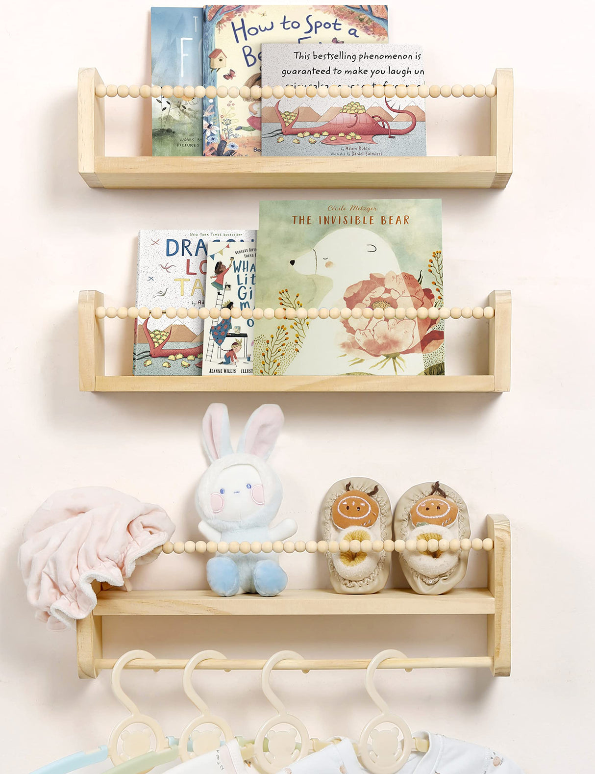 Nursery Floating Shelves for Wall, Set of 3 Book Shelves Natural Wood Wall