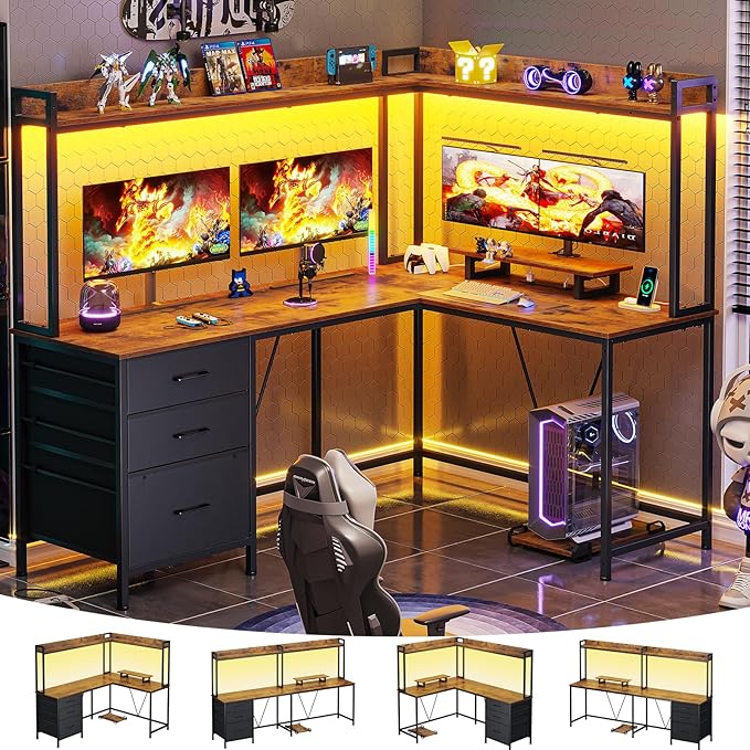 L Shaped Gaming Desk with Shelves, Reversible Computer Desk with Power Outlet & LED