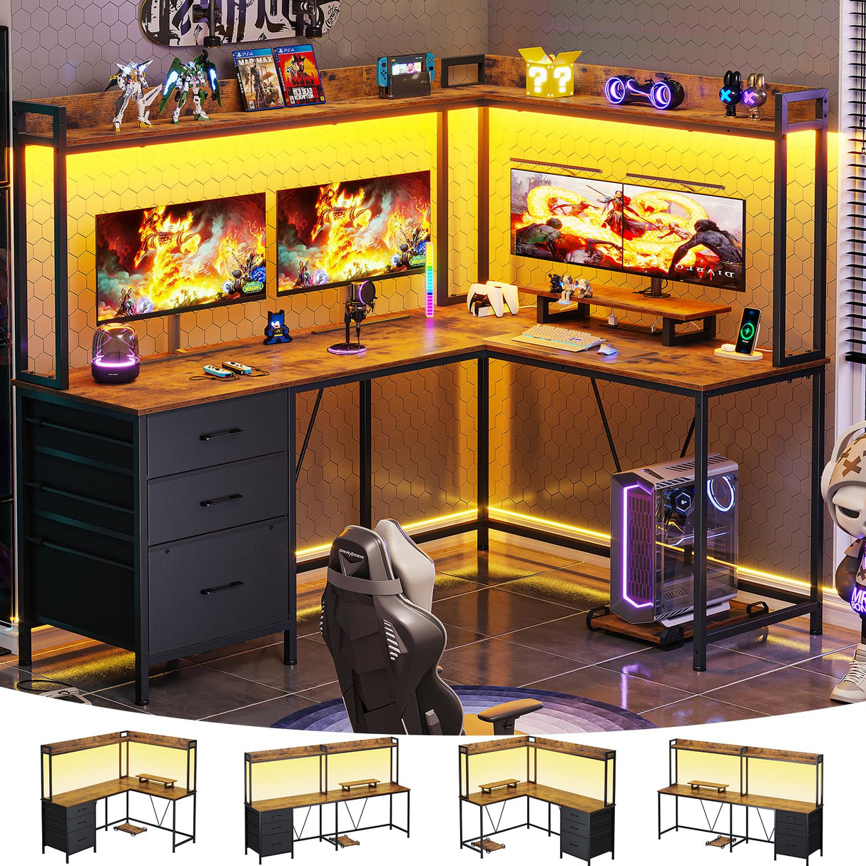 L Shaped Gaming Desk with Shelves, Reversible Computer Desk with Power Outlet & LED