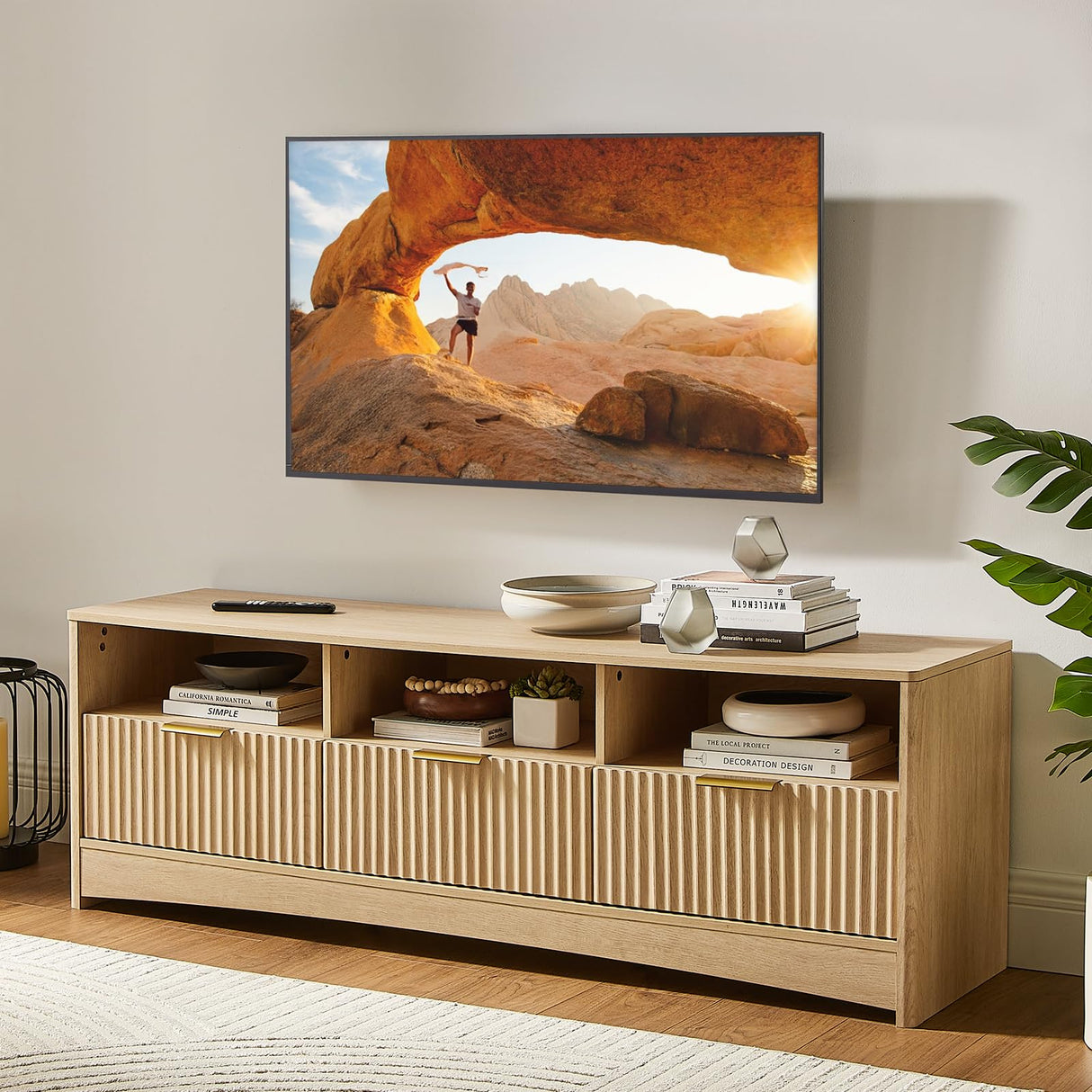 Fluted TV Stand for 50-65" TVs with Drawers and Open Shelf