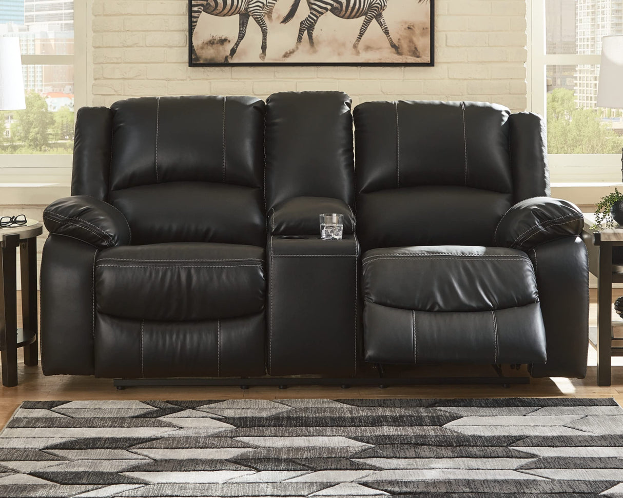 Calderwell Faux Leather Manual Double Reclining Loveseat with Storage Console, Black