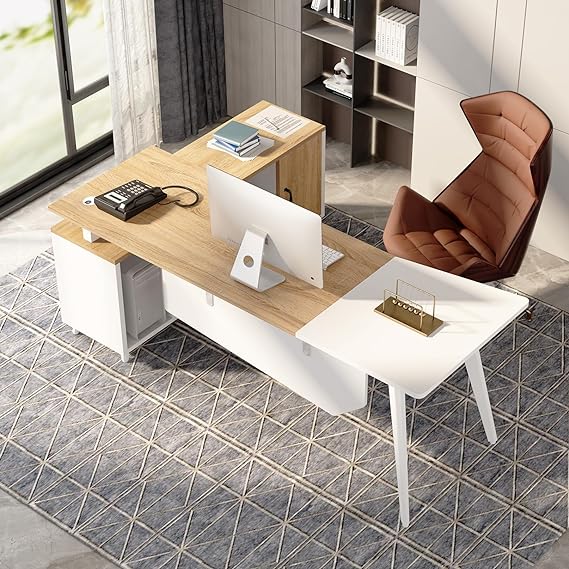 L-Shaped Executive Computer Desk – 78.74" Large Office Desk with File Cabinet