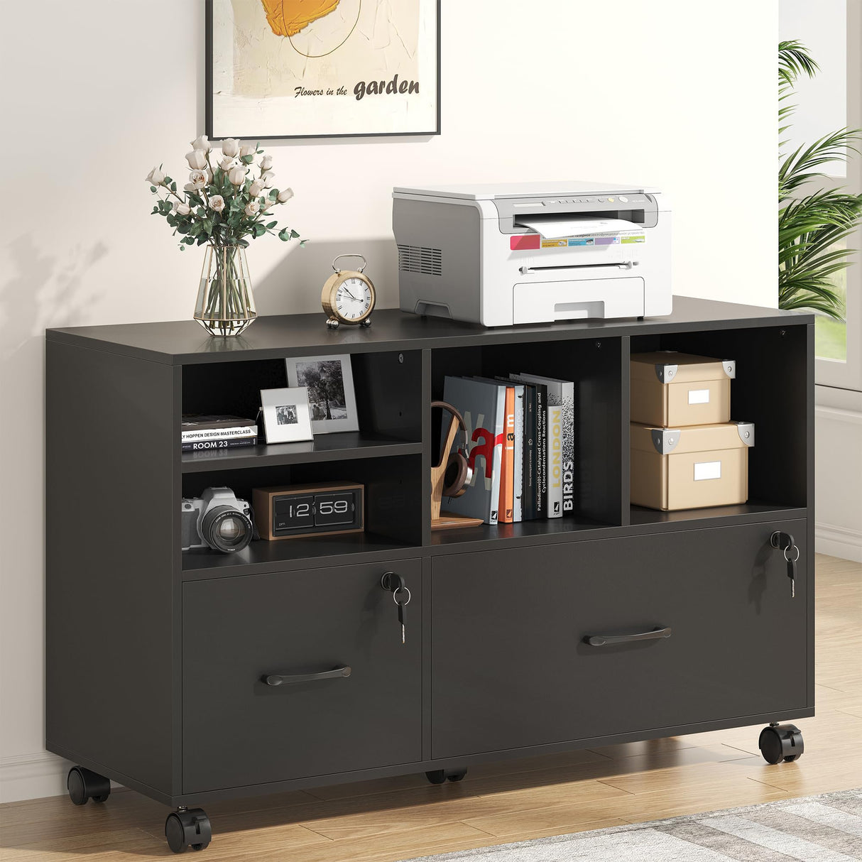 2 Drawer Wood Mobile Large Lateral File Cabinet with Lock, Lockable Rolling Filing Cabinet with Storage Shelves,