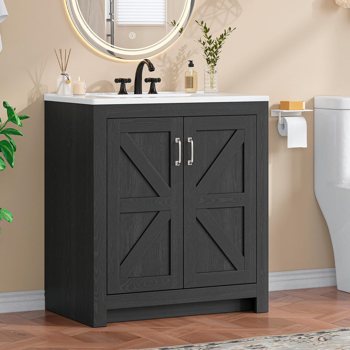ONBRILL Farmhouse Bathroom Vanity with Sink, Freestanding Bathroom Vanities with Ceramic Basin & Soft-Close Door, Wood Storage Cabinet with Adjustable Shelf for Apartment & Small Space (Black, 30")