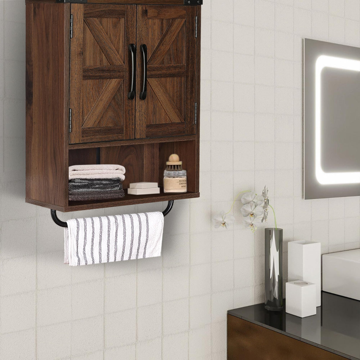 Wall Storage Cabinet with Two Barn Door, Rustic Mounted Medicine Cabinet with