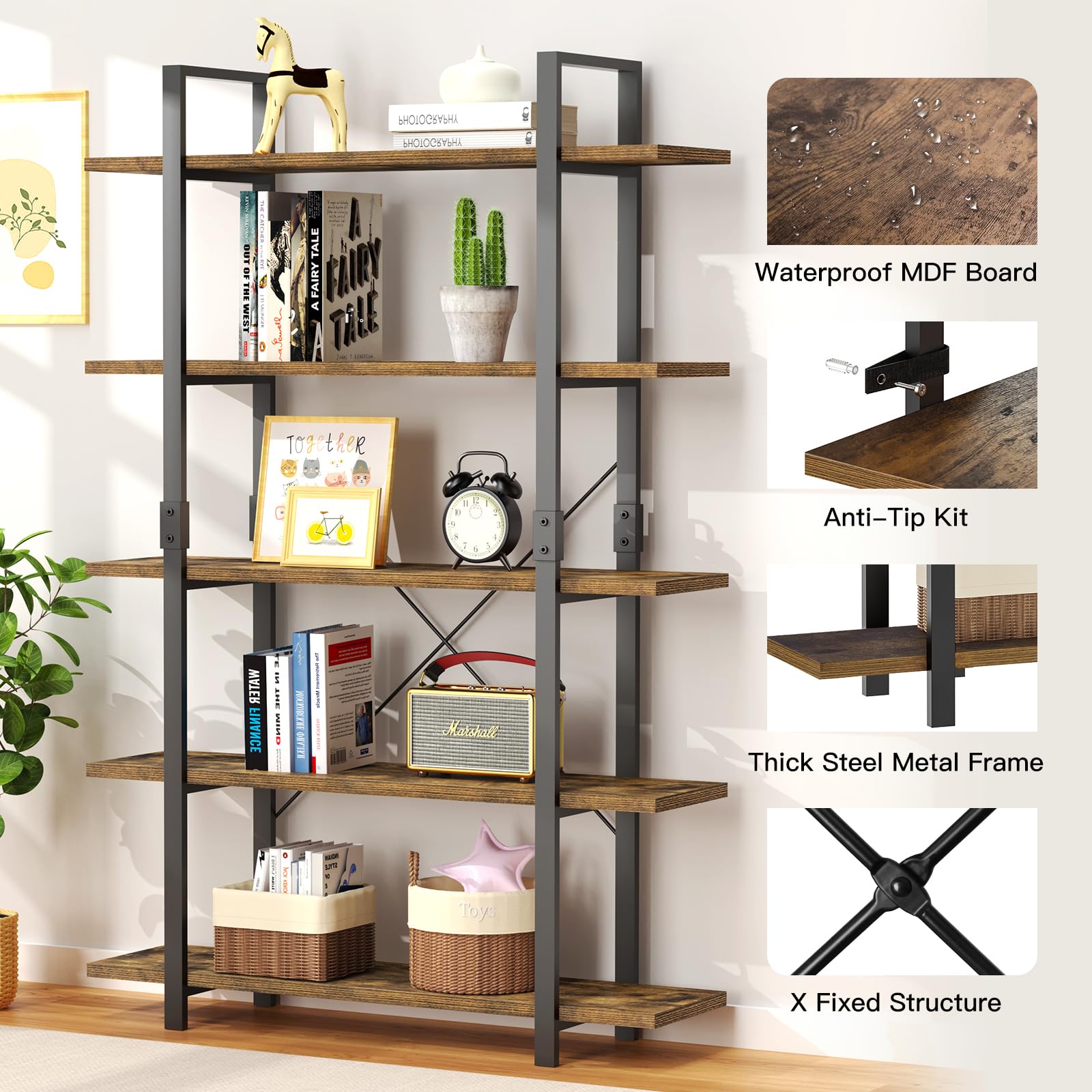 5 Tier Bookshelf, 70 inch Tall Solid Bookcase Industrial Wooden Bookshelves