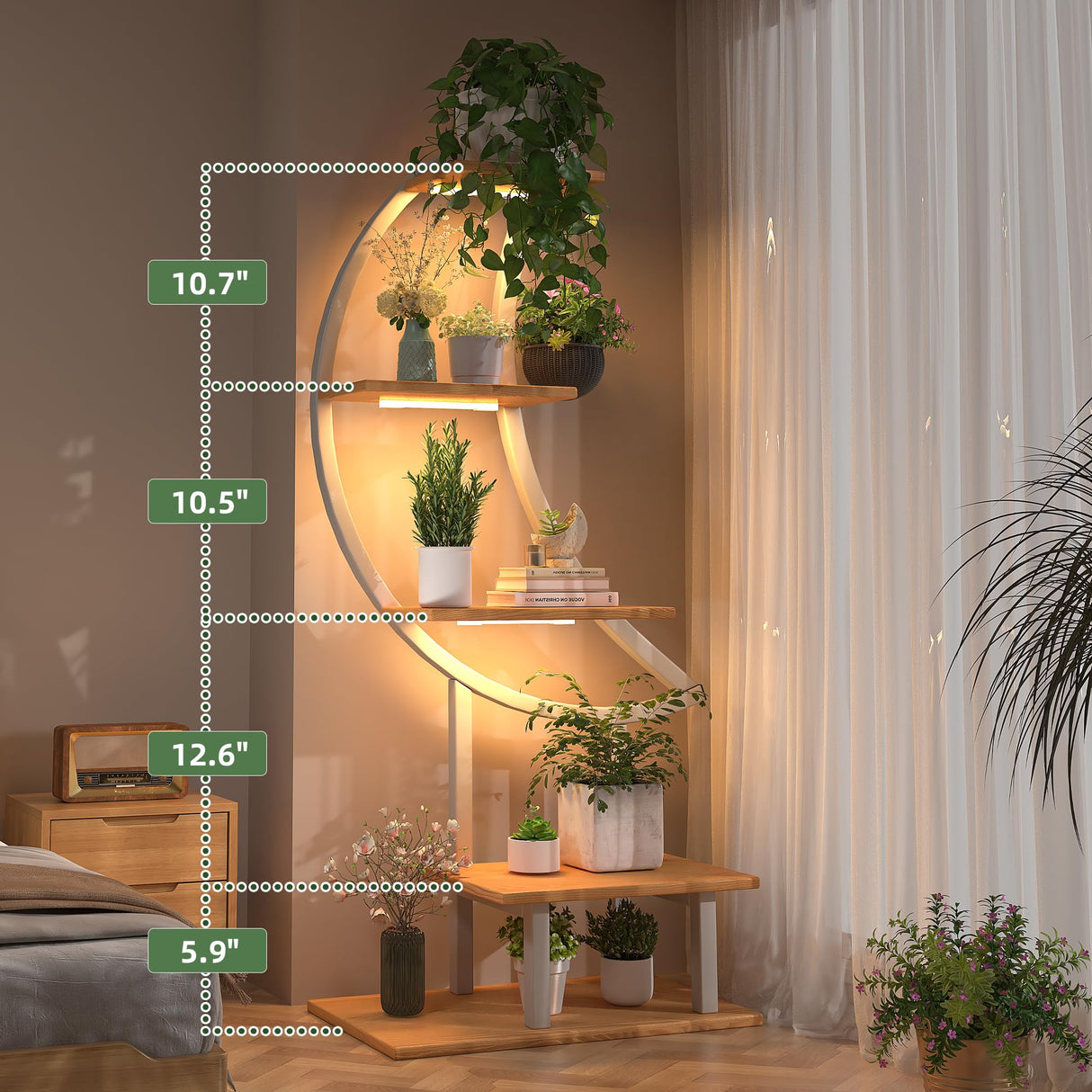 LunaGlow Corner Plant Stand - Tall 5-Tier Indoor Shelf with Grow Lights