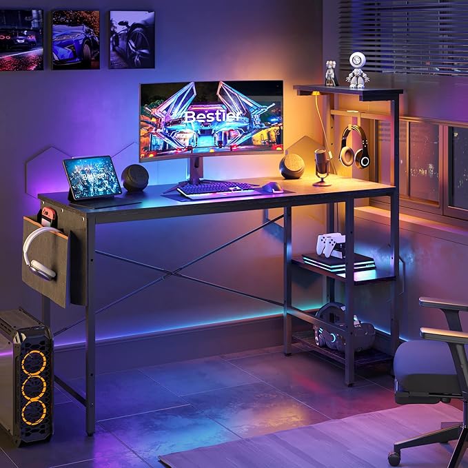 Gaming Desk with LED Lights, 44 Inch PC Gamer Desk for Small Spaces, Computer Desk