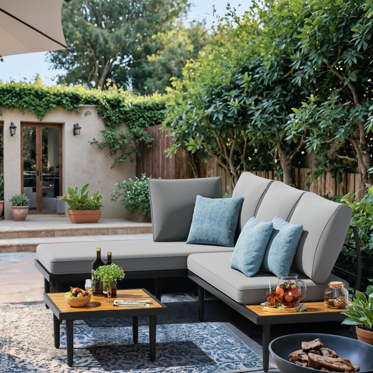 Outdoor Sectional Furniture Patio Sectional Sofa with Acacia Wood Table