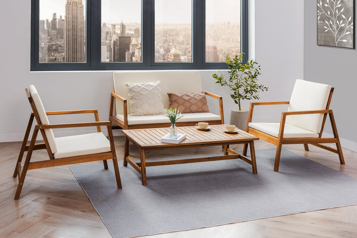 4 Piece Patio Furniture Set, Acacia Wood Sofa, Conversation