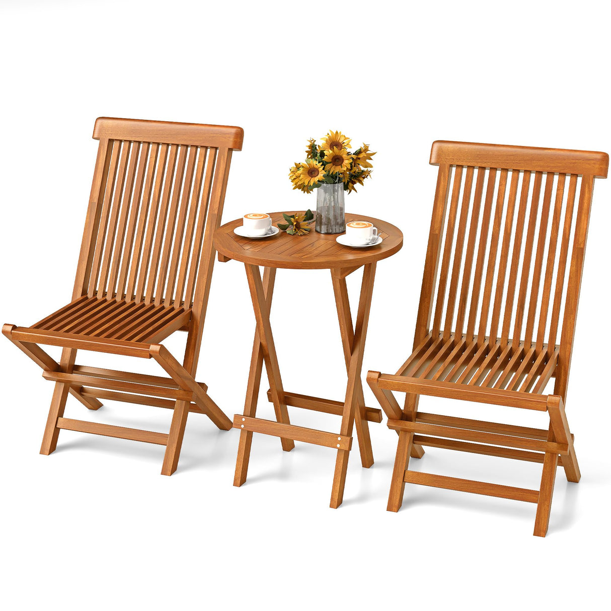 3 Pieces Patio Bistro Set Teak Wood Bistro Table and Chairs Set of 2, Outdoor Conversation