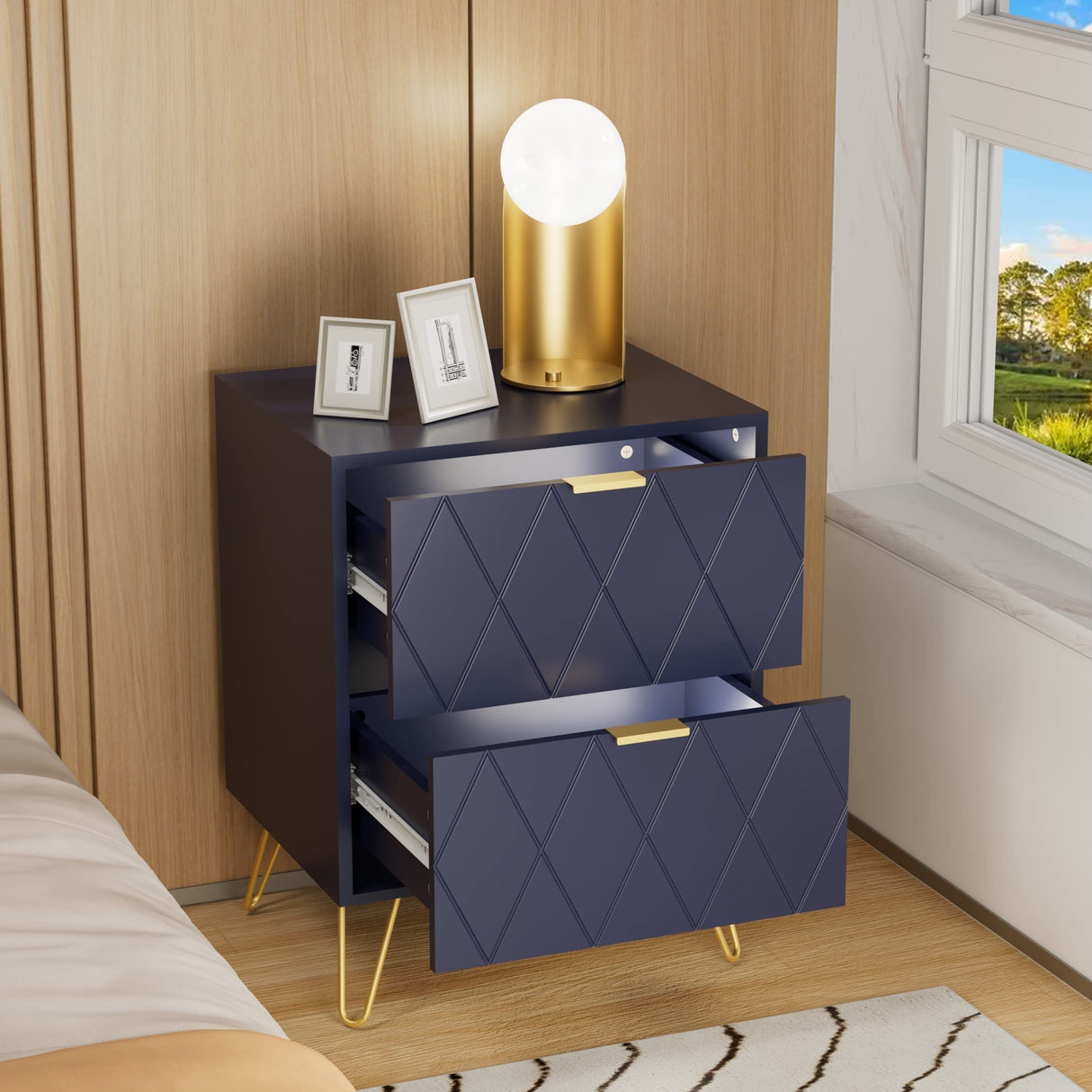 Large Navy Blue Nightstand Set of 2, End Side Table Double, Bedside Table with 2 Drawers