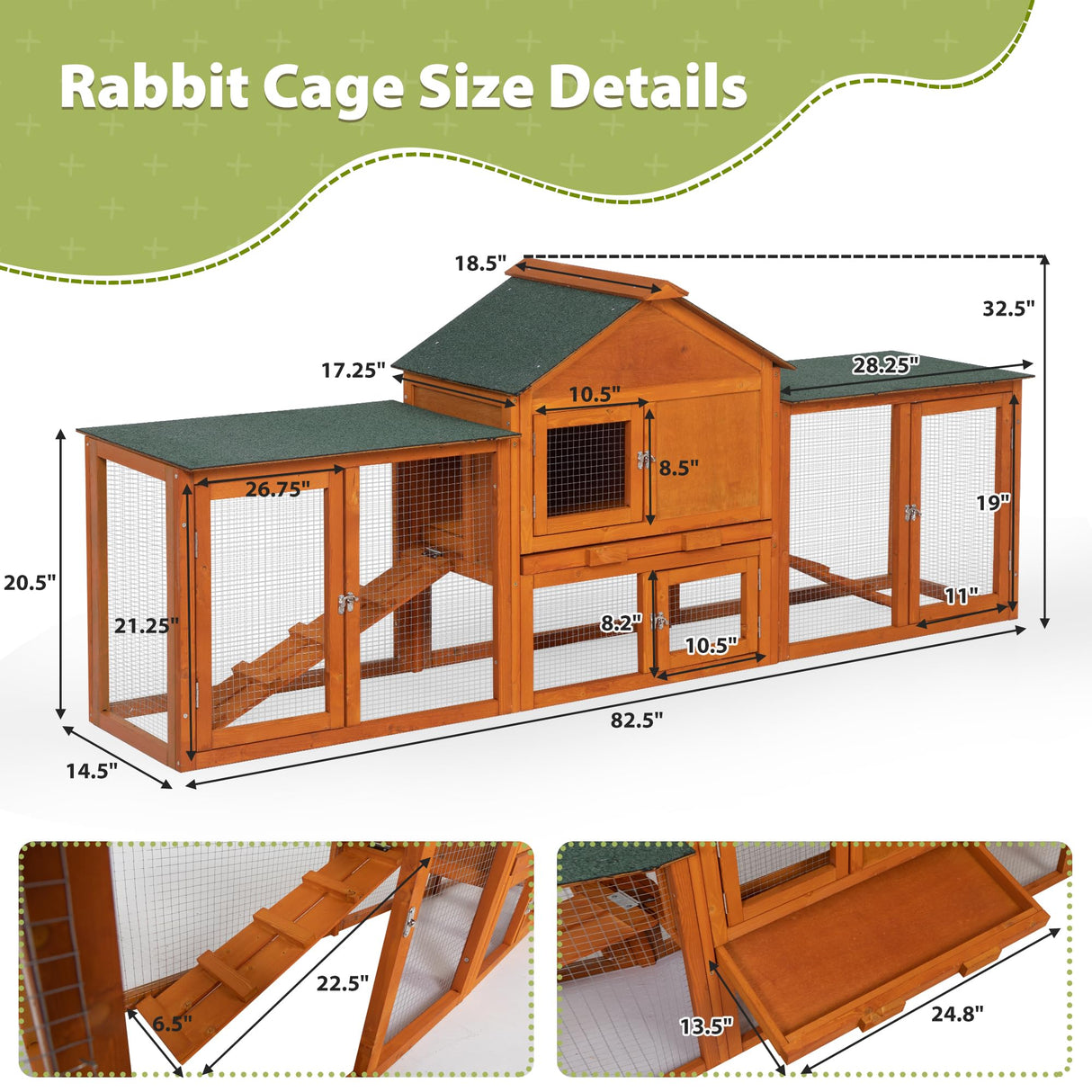 83” Extra Large Wooden Rabbit Hutch Outdoor Easy to Assemble and Durable