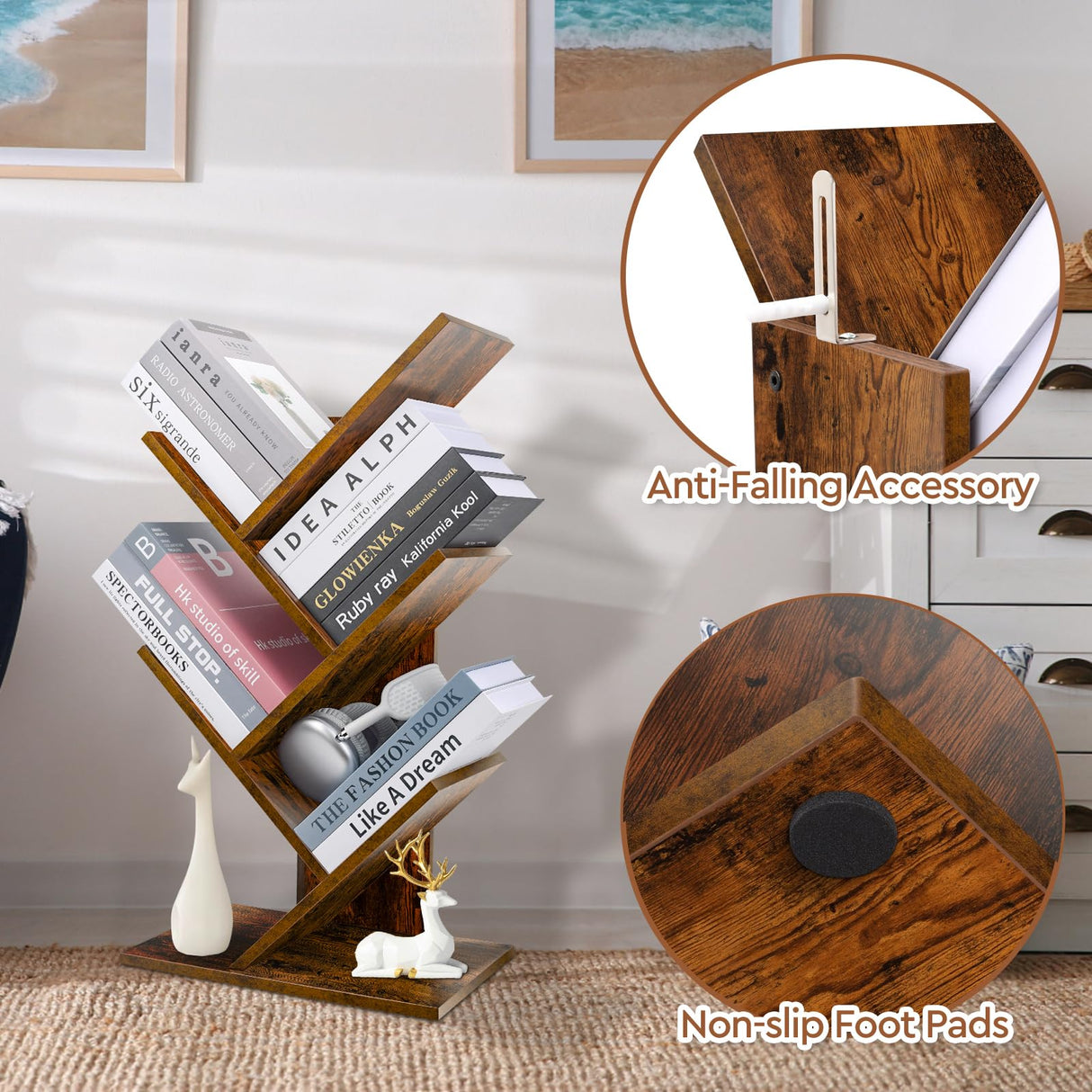 4 Tier Tree Bookshelf, Retro Floor-Standing 4 Shelf Bookcase Storage Rack, Wooden Storage Rack Modern Bookshelf, Put Books, Photo Albums, Magazines, CD(Rustic Brown)