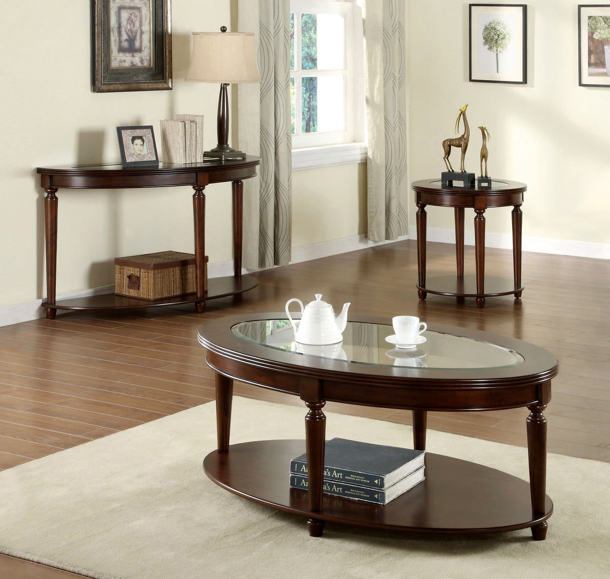 Claire Traditional Oval Tempered Glass Top Coffee, Cocktail Table, with Storage Shelf