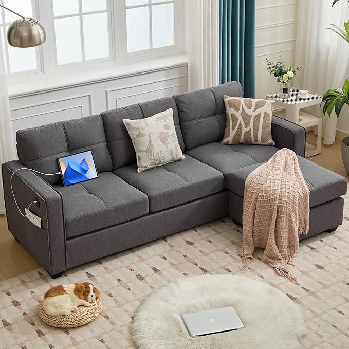 65" W Morden Linen Fabric Sofa Couch w/ 2 USB Charging Ports and Wide Arms