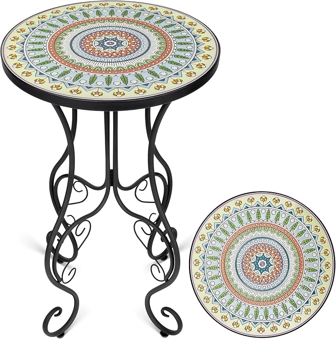 Mosaic Patio Table and Plant Stand, Outdoor Side Table for Patio