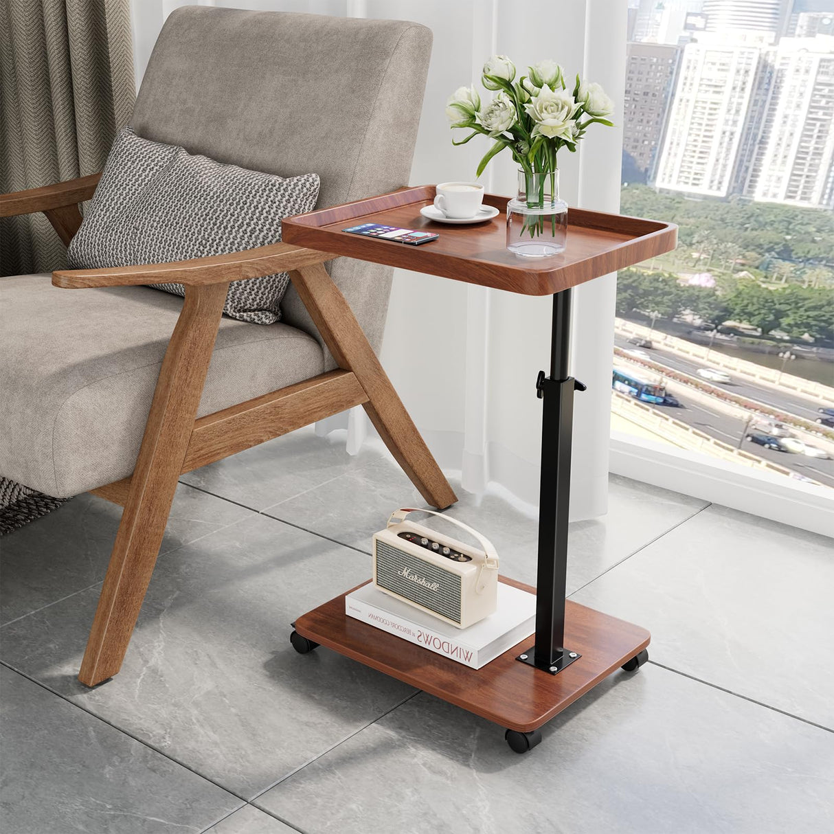 C Table End Table - Adjustable Height 360° Swivel TV Tray Table for Small Spaces