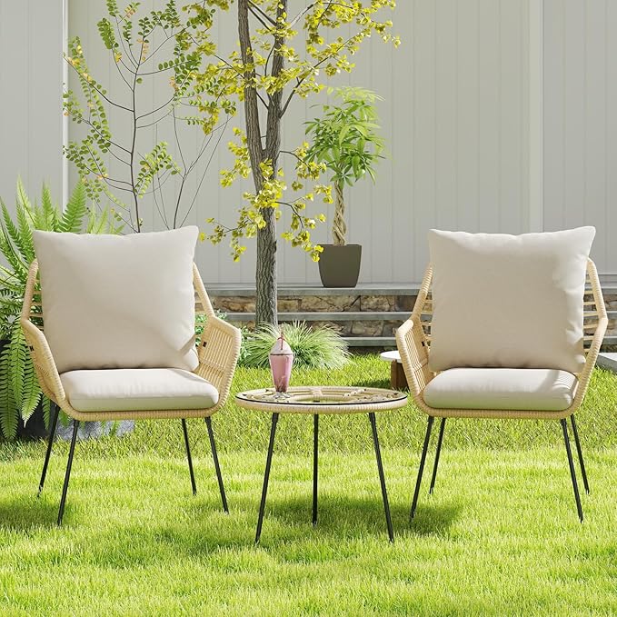 3 Pieces Outdoor Bistro Set, Bistro Set Outdoor with Glass Top Table