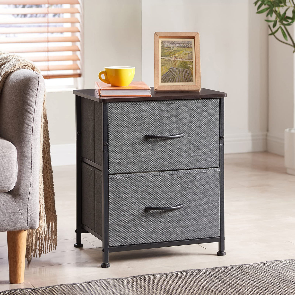 Nightstand with 2 Drawers, Bedside Table Small Dresser with Removable Fabric Bins