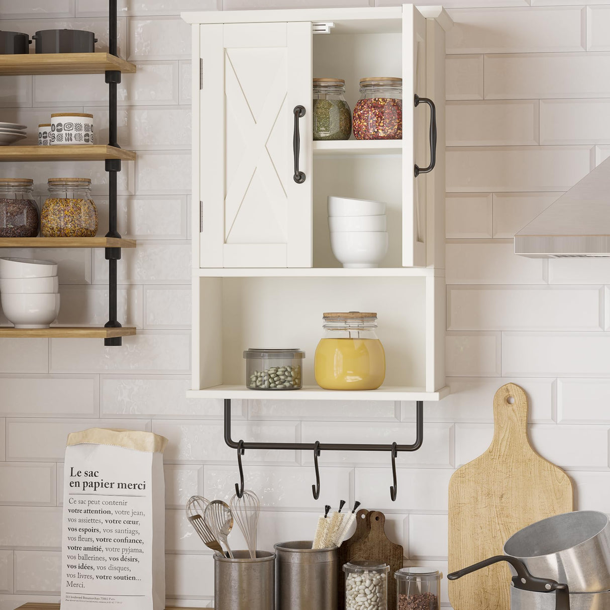 Farmhouse Medicine Cabinet, Bathroom Wall Cabinet with Adjustable Shelf, Towel Bar