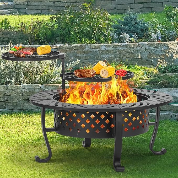 36 Inch Fire Pit with 2 BBQ Grills, Wood Burning Fire Pits for Outside