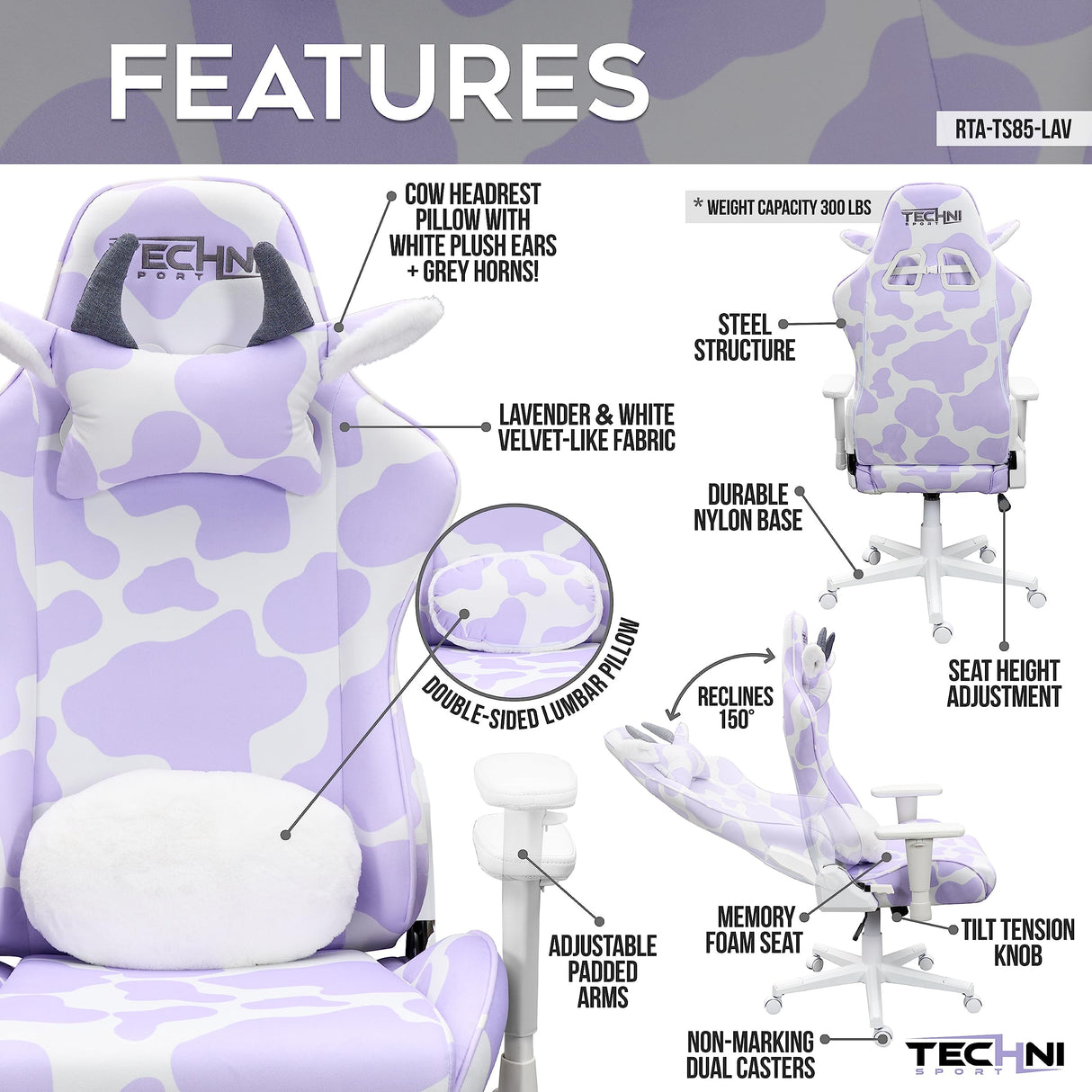 Gaming Chair - Lavender Purple Cow Print - Ergonomic Office Chair with Memory Foam