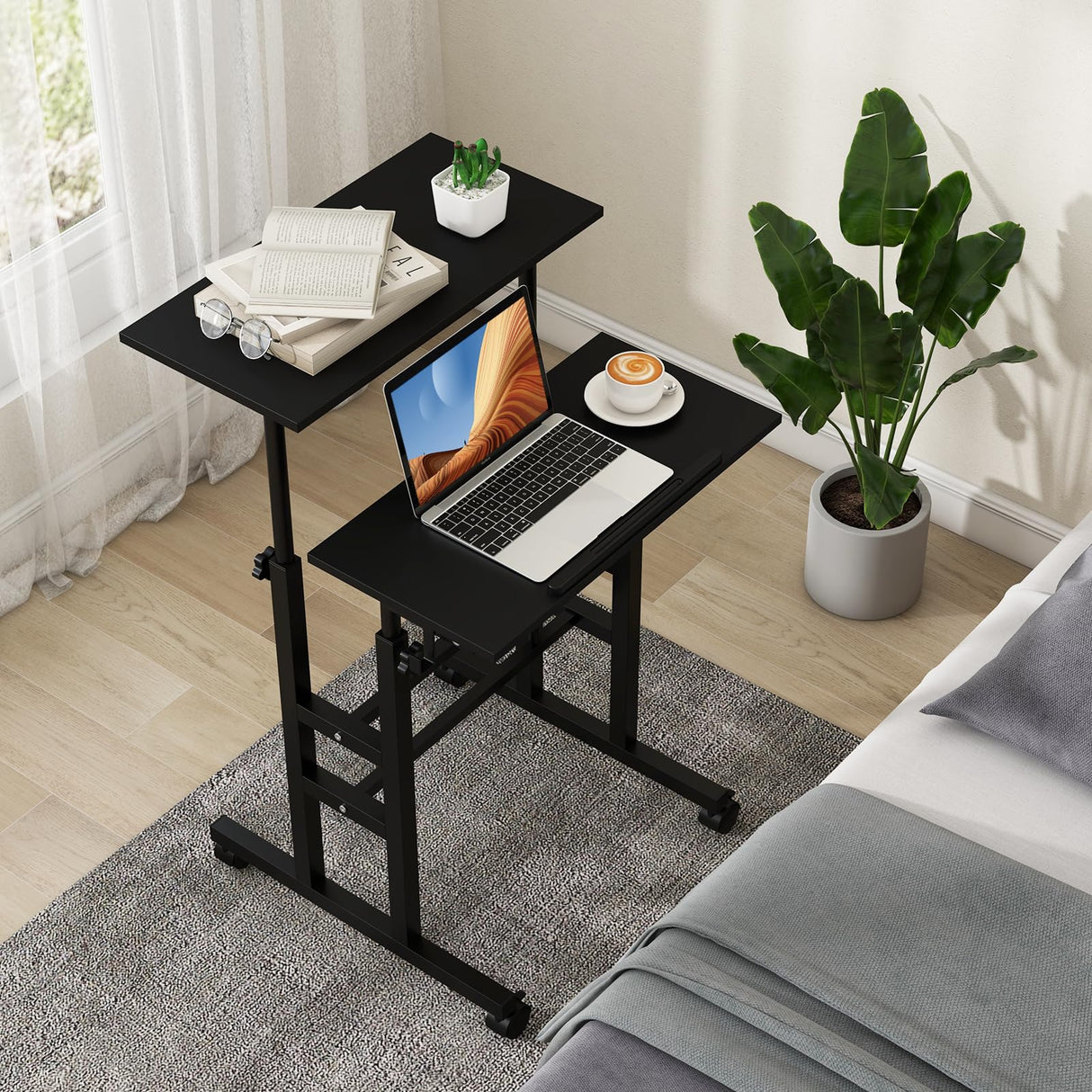 Mobile Standing Desk, Height-Adjustable Laptop Podium Cart with Tilting Tabletop & Adjustable Angle, Rolling Stand Up Computer Desk with 2 Hanging Hooks & Lockable Casters for Home Office