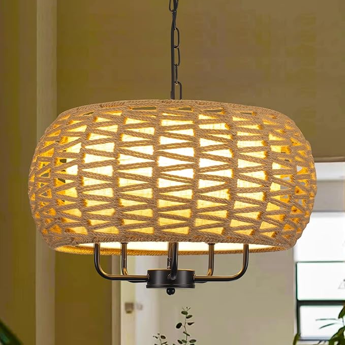 Rattan Chandelier for Dining Room 5-Light Boho Chandeliers Light Fixture Brown and Black