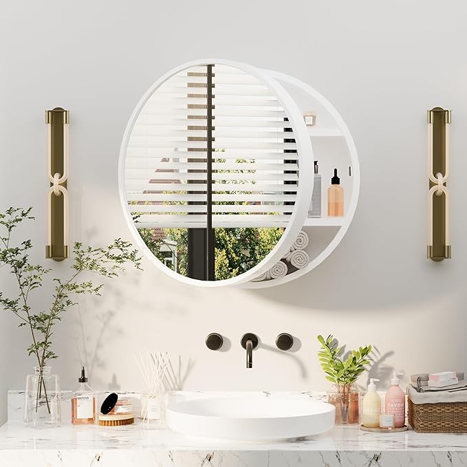 Round Medicine Cabinet Mirror, Bathroom Mirror Wall Cabinet with Storage and Shelf