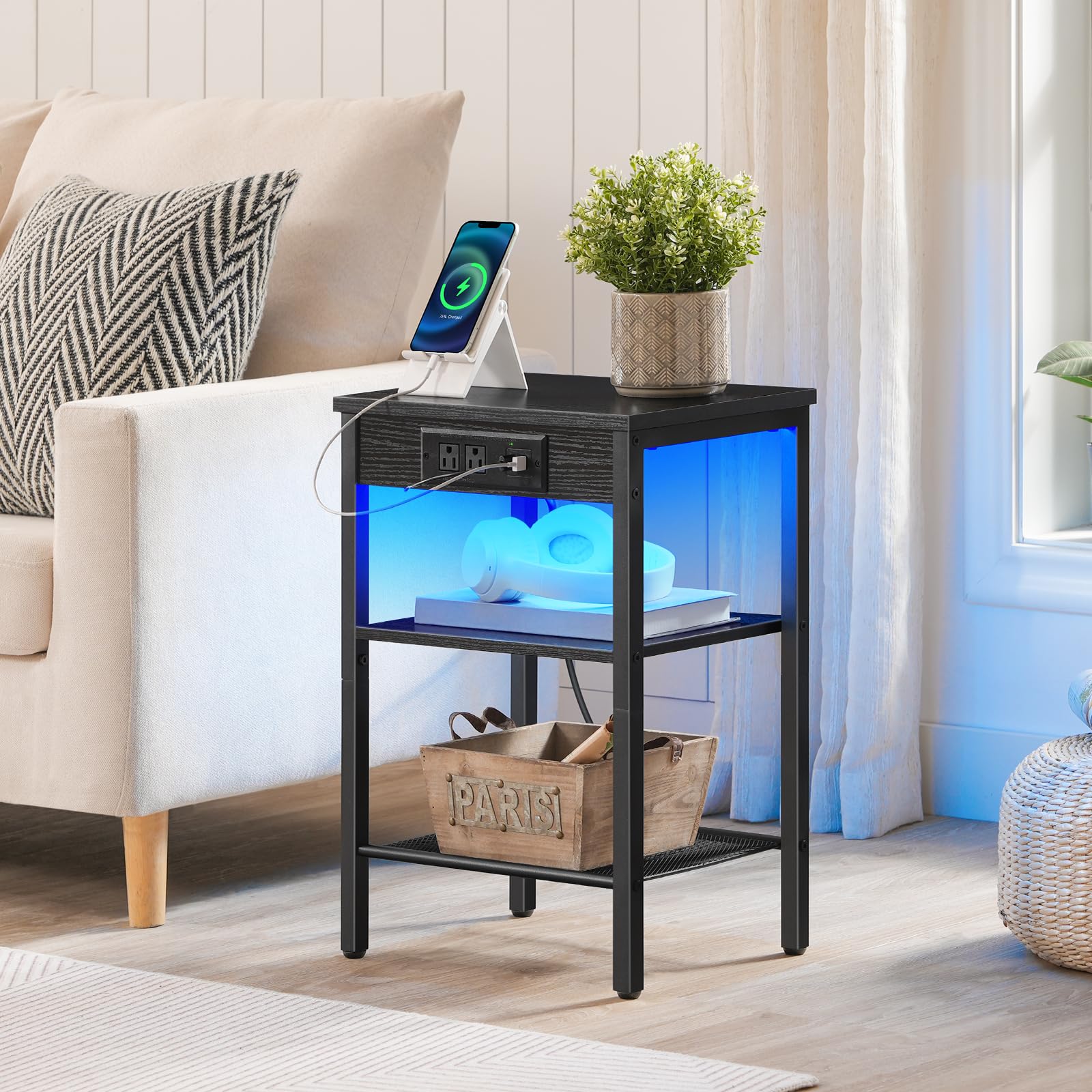 Side Table with Charging Station and LED Lights, Small End Table with Storage Shelves