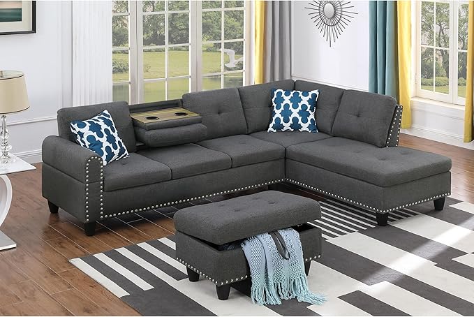 Sofa Couch with Right Chaise, 5 Seaters Faux Leather Upholstered Corner Sofa
