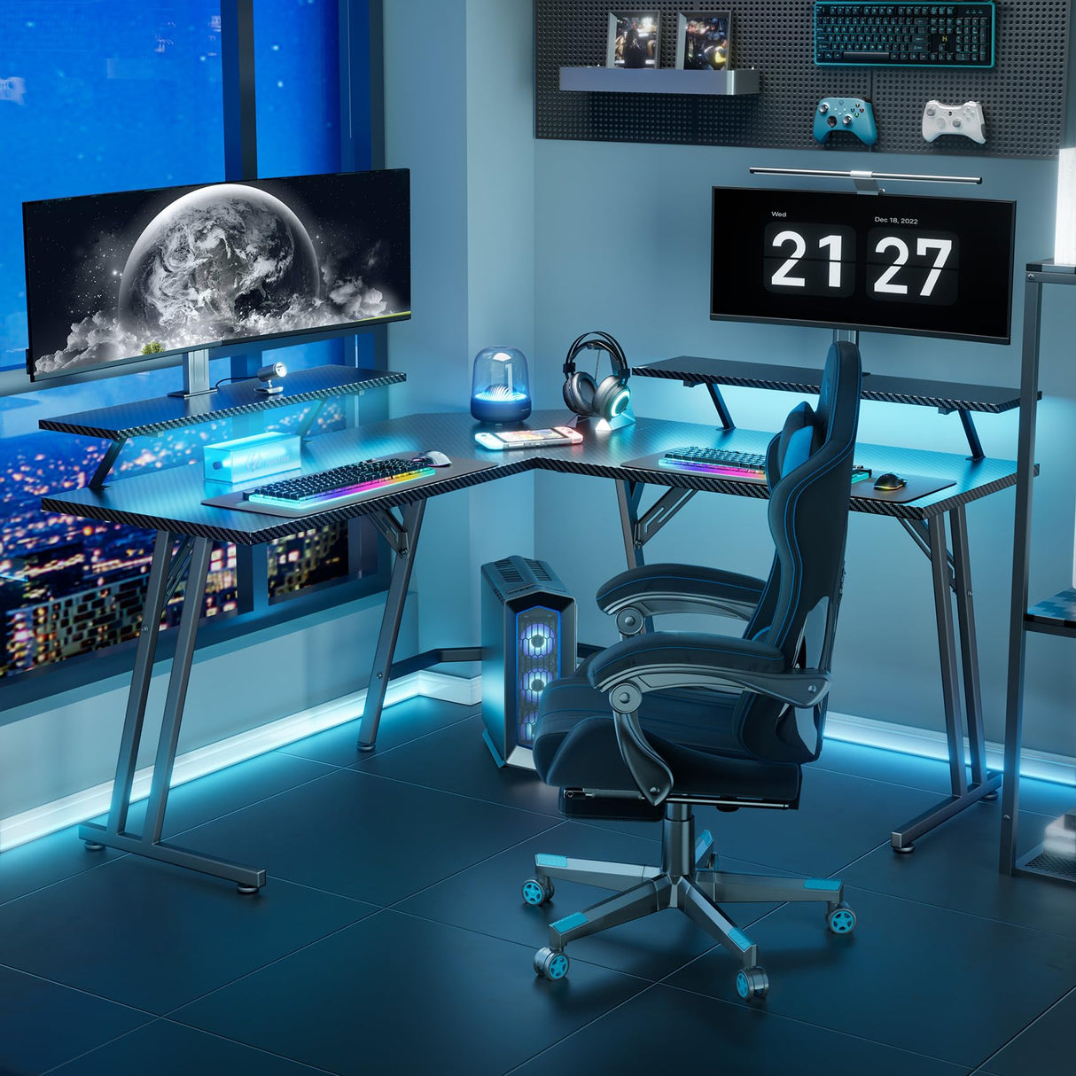 51 Inch L Shaped Gaming Desk with Monitor Stand and LED Lights