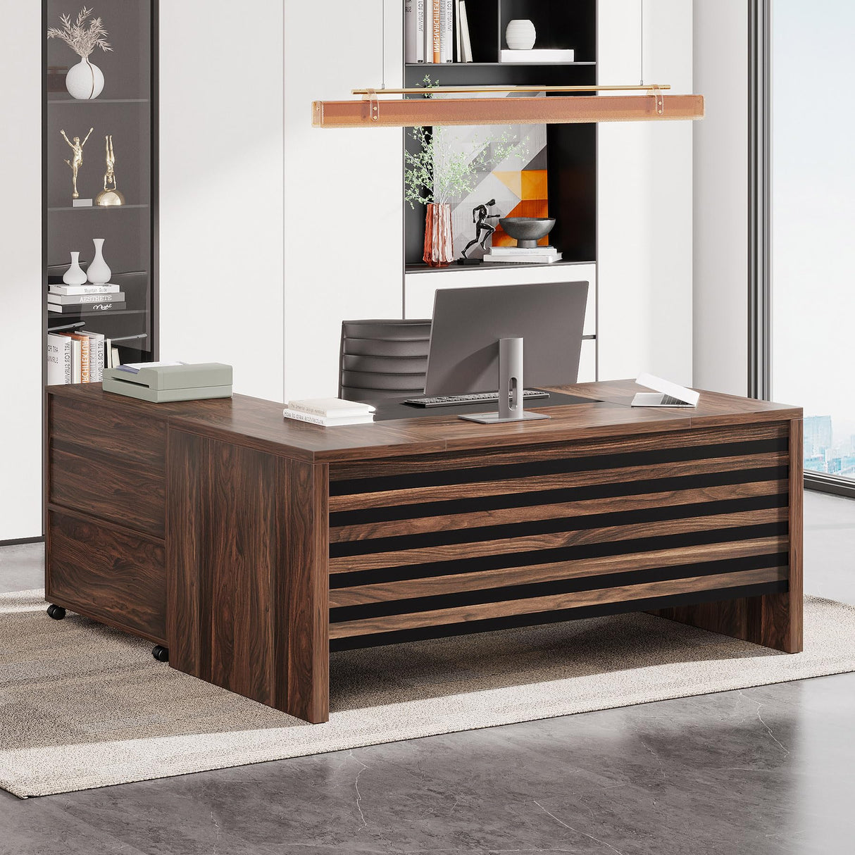 62.2" Executive Desk with Mobile File Cabinet, L-Shaped Office Desk with Storage Shelves