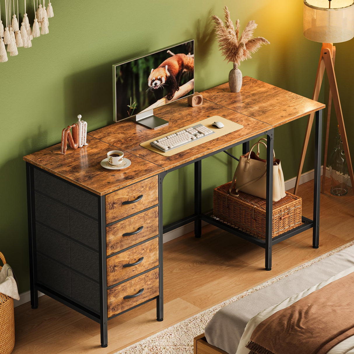 55 Inch Computer Desk with 4 Drawers, Office Desk with Mesh Shelf