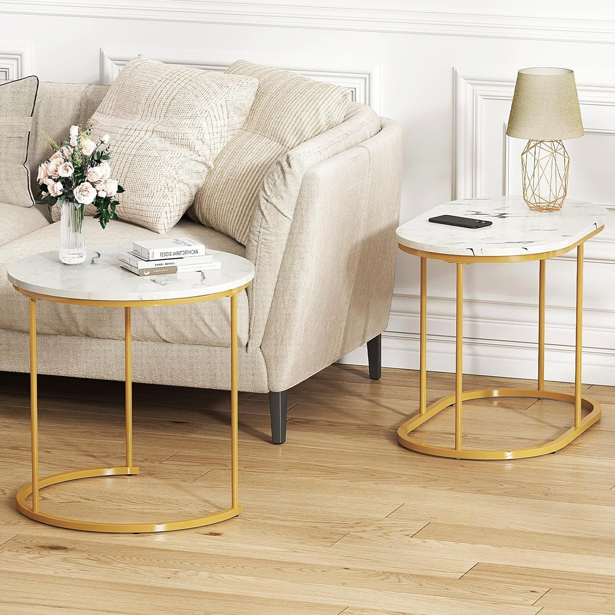 2 Piece Round Side Table Coffee Table Accent Table, Faux Marble Round Nesting Table Set of 2