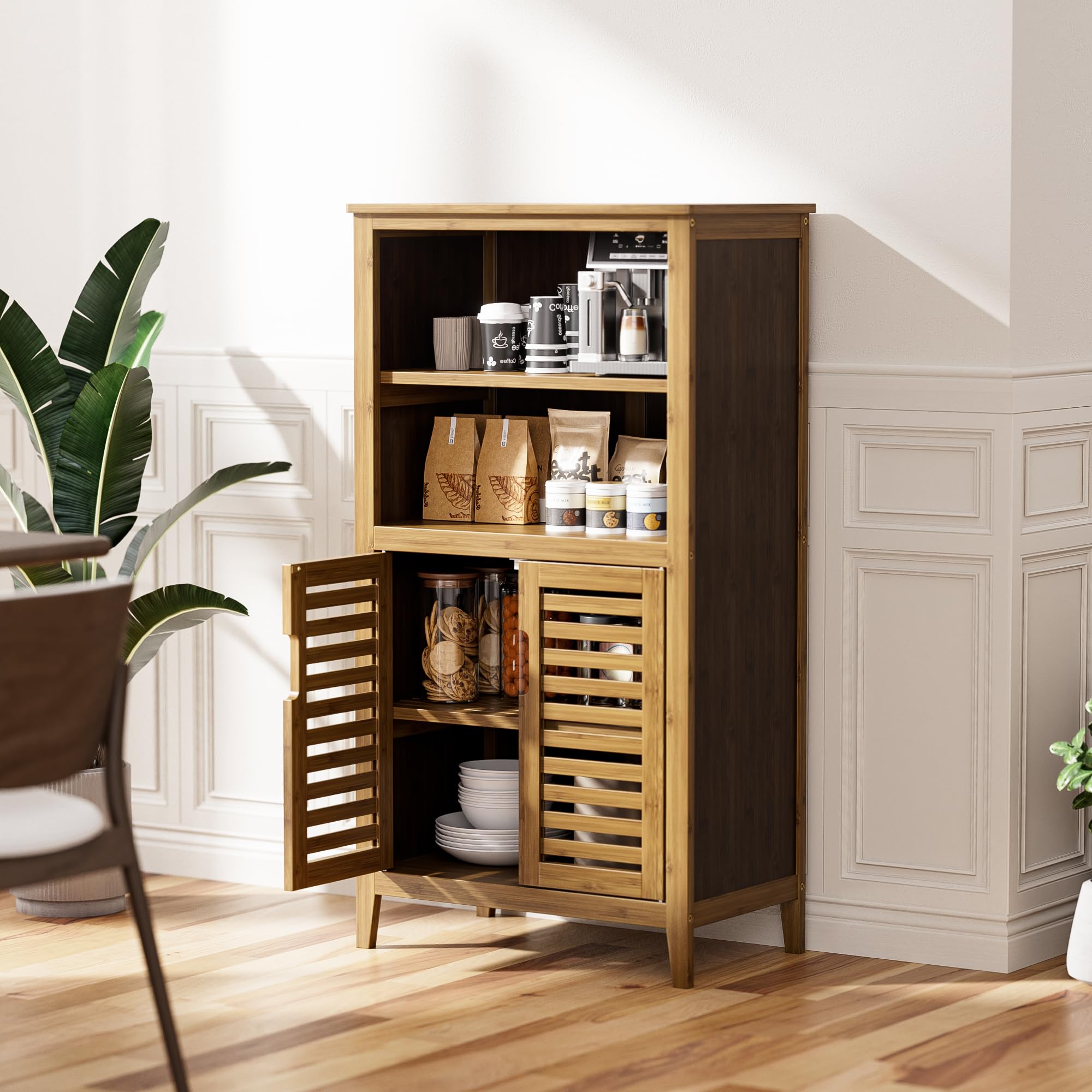 Walnut Bathroom Floor Cabinet, Bamboo Side Tall Storage Organizer