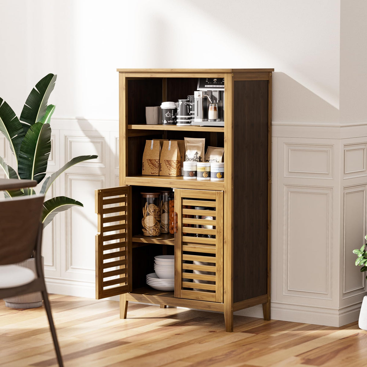 Walnut Bathroom Floor Cabinet, Bamboo Side Tall Storage Organizer